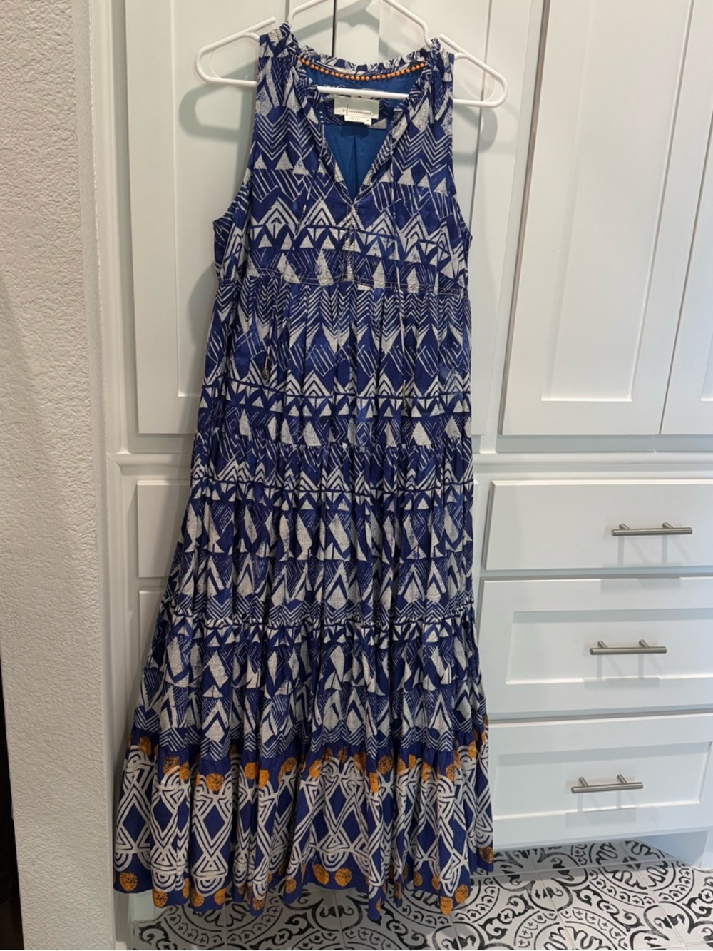 Blue & White Patterned Maxi Dress with Orange Trim - Anthropologie size XS